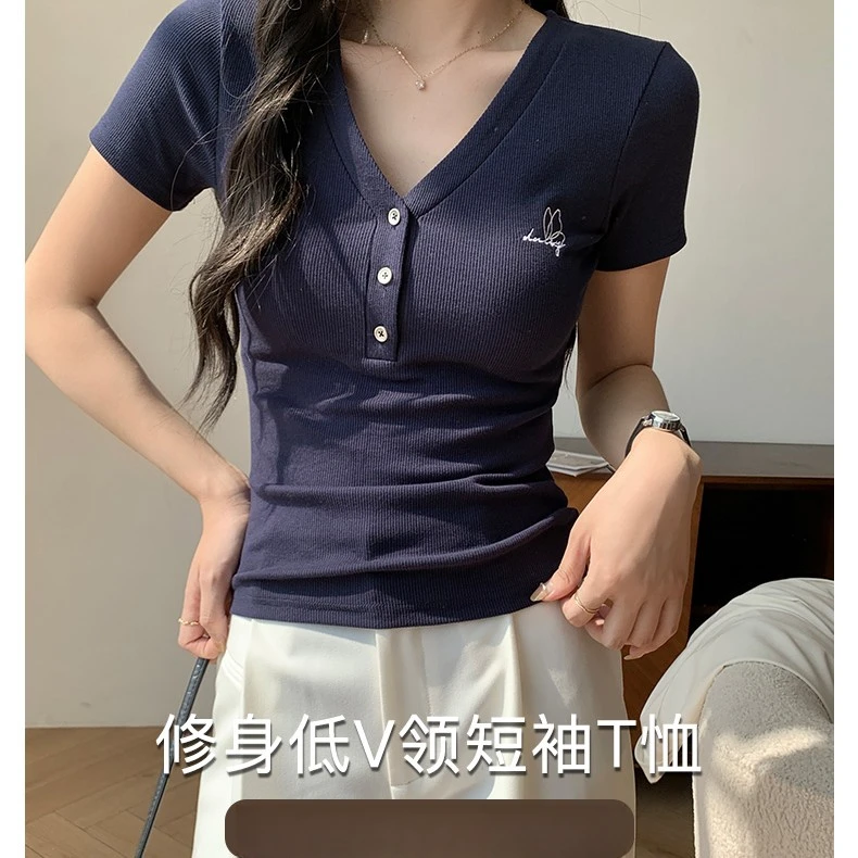 夏季夏天新款V领刺绣重工短袖T恤女修身收腰显瘦百搭洋气