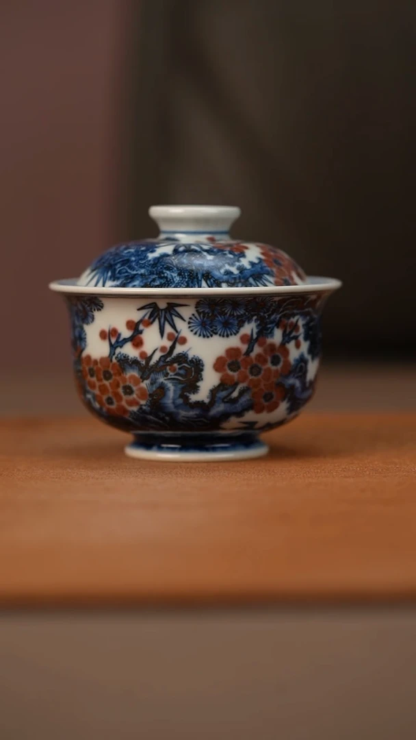陶瓷又见春风青花釉里红松竹梅盖碗