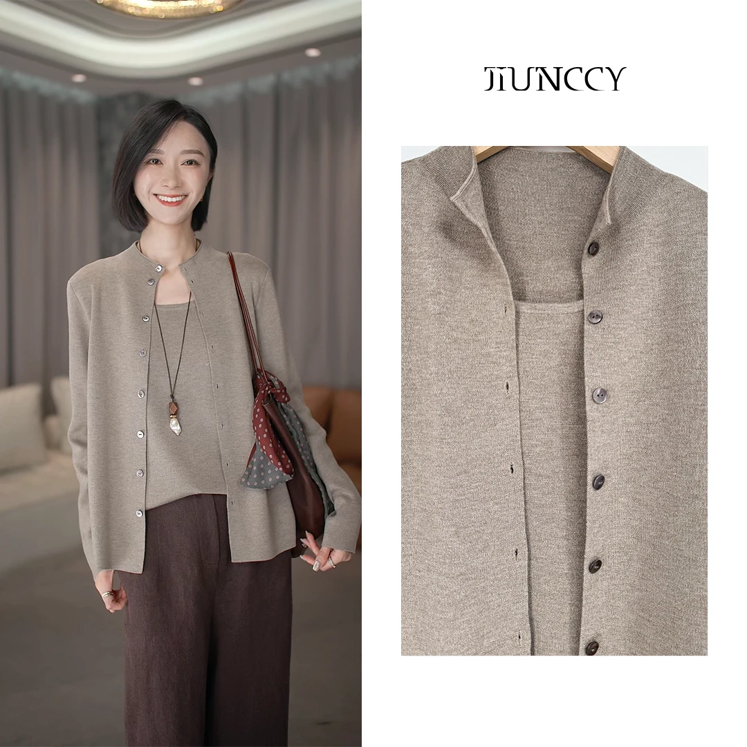 JIUNCCY【璞玉】羊绒真丝混纺背心假两件长袖针织开衫上衣 52YZZ093