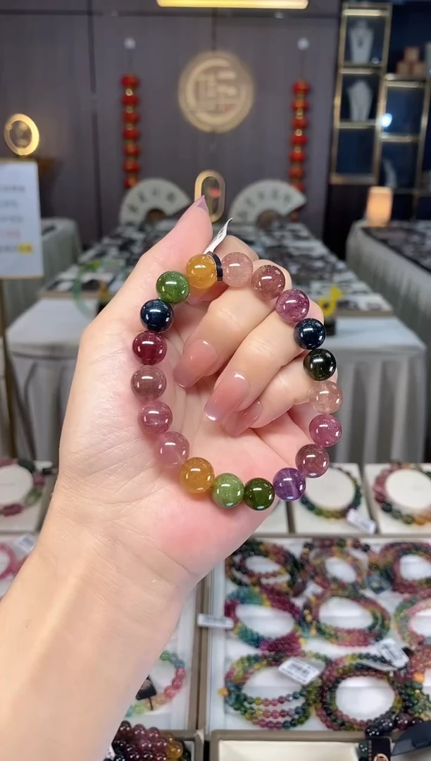 未镶嵌冰透体老矿碧玺彩虹单圈手串10mm+碧玺hon多样性发一条
