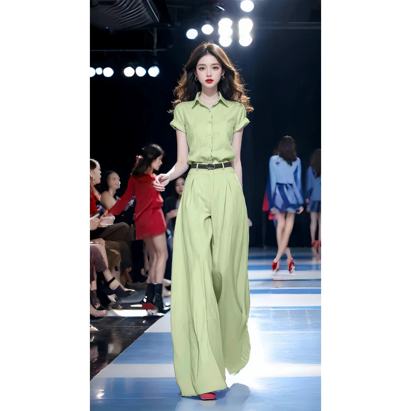 2025年夏季新款绿色衬衫阔腿裤套装时尚洋气减龄显瘦遮肉两件套女