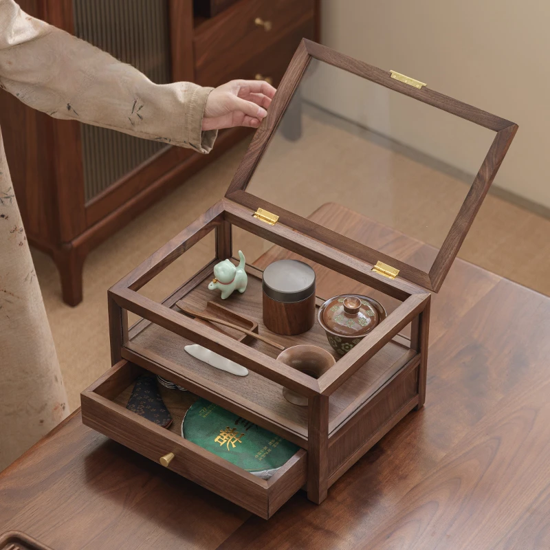 胡桃木玻璃收纳柜家用防尘茶几收纳盒桌面透明实木功夫茶具展示架