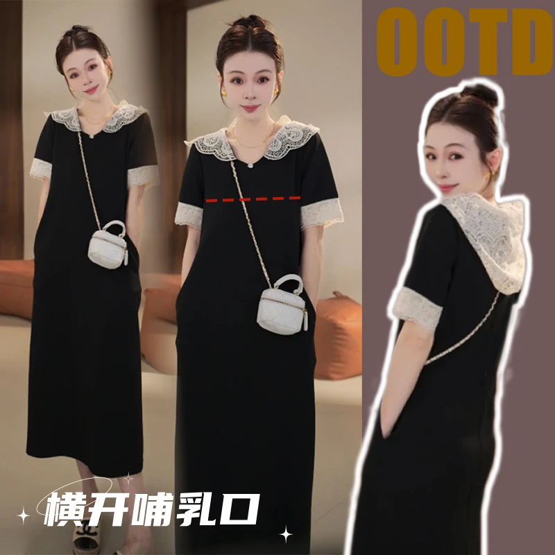 25春夏欧货拼接蕾丝连帽哺乳连衣裙法式气质设计感休闲显瘦中长裙