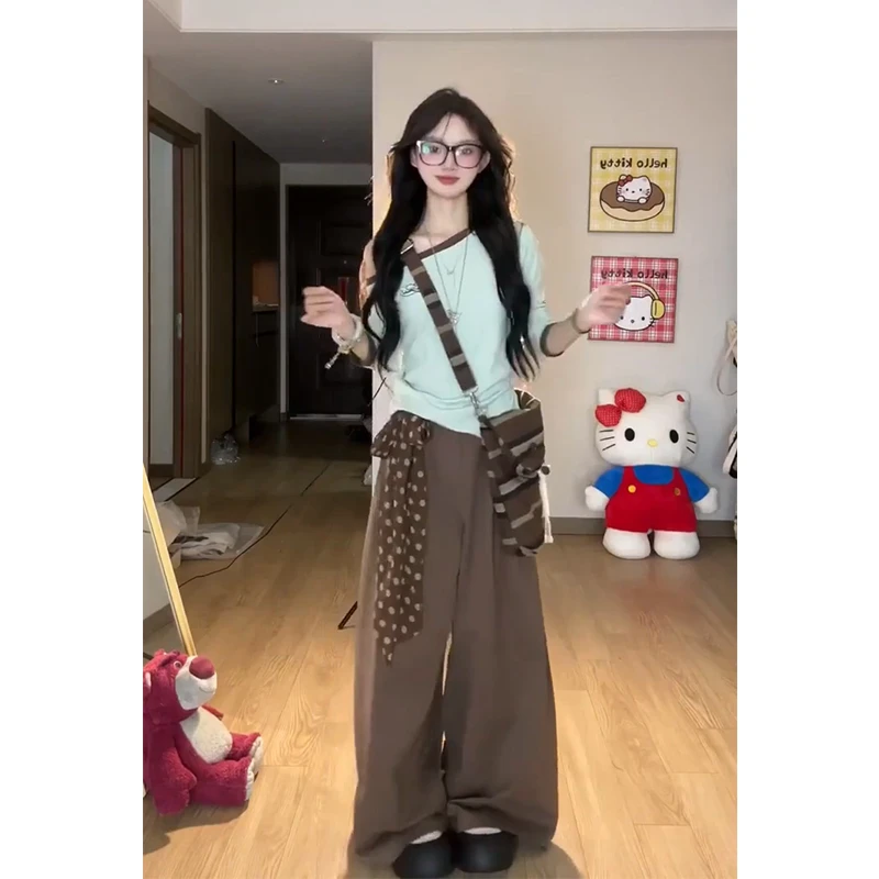 2025秋季新款女韩系穿搭斜肩长袖修身上衣设计感高腰显瘦阔腿长裤