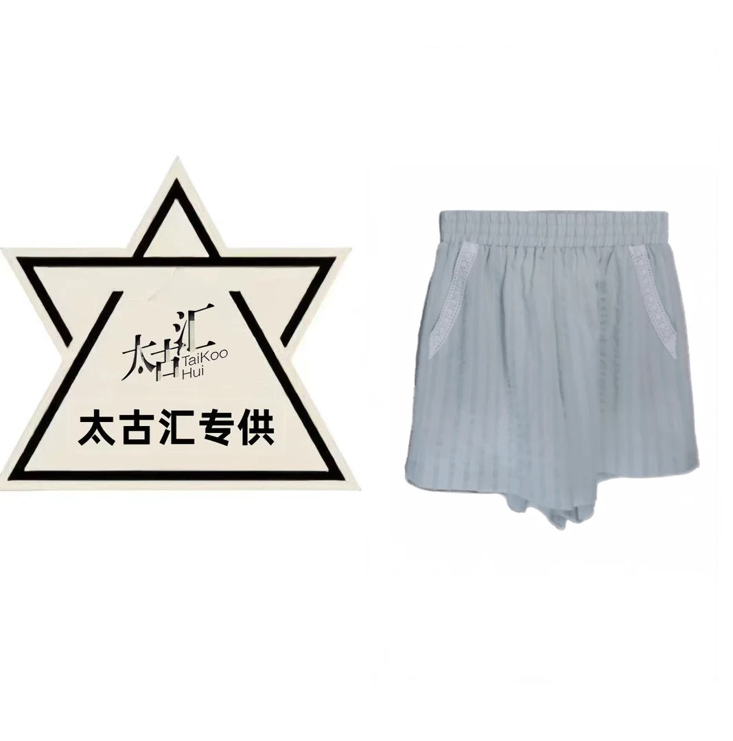 【Jason colors】荷叶边小飞袖衬衫夏季新款蕾丝拼接条纹短裤 C2734