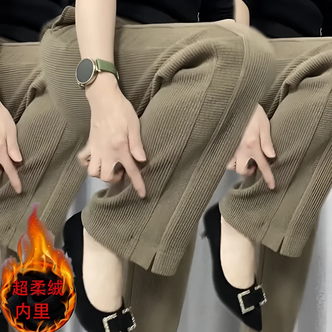 薄/加厚加绒 欧棉绒16坑细条 休闲筒裤女洋气时尚百搭宽松高腰裤