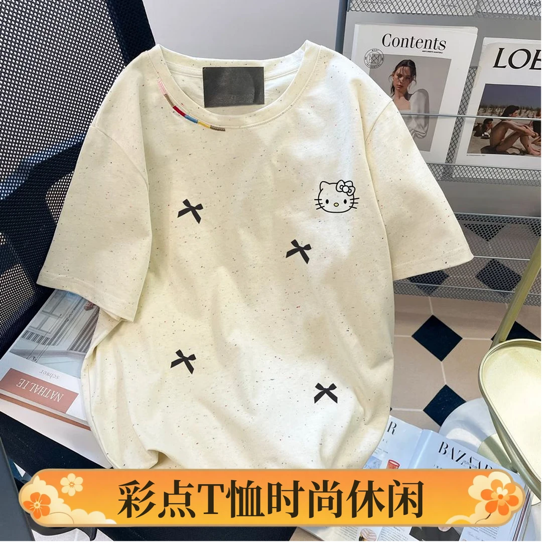 小众短袖双纱刺绣宽松设计圆领上衣女夏季印花helloKittyT恤休闲