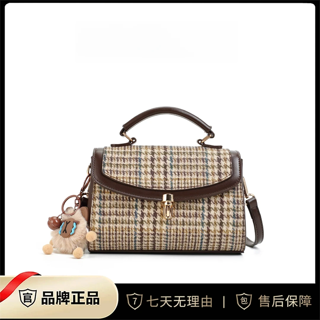 单肩格子磁扣斜挎包复古风做旧拉链暗袋防刮优雅风