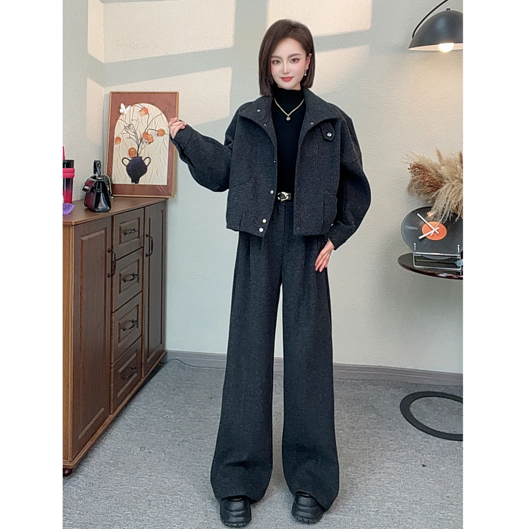 【羊毛呢夹棉外套+加绒裤子两件套】25秋冬季厚款时尚套装
