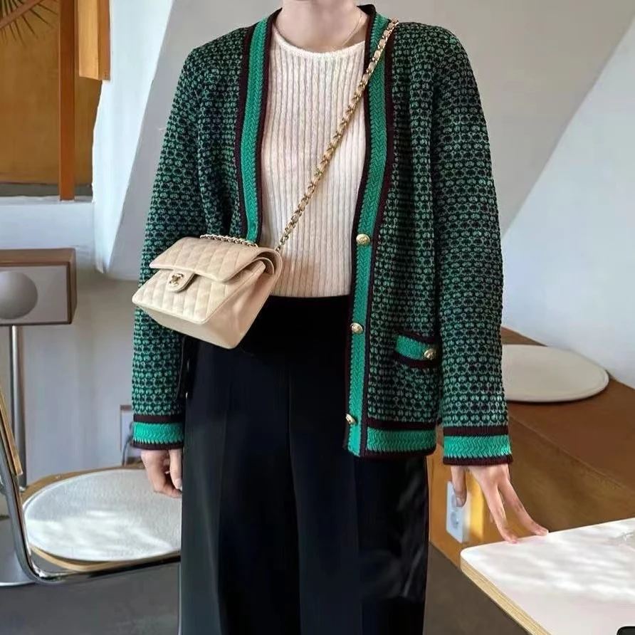 99新 Chanel/香奈儿 38码23A绿色拼棕色滚边长袖针织开衫