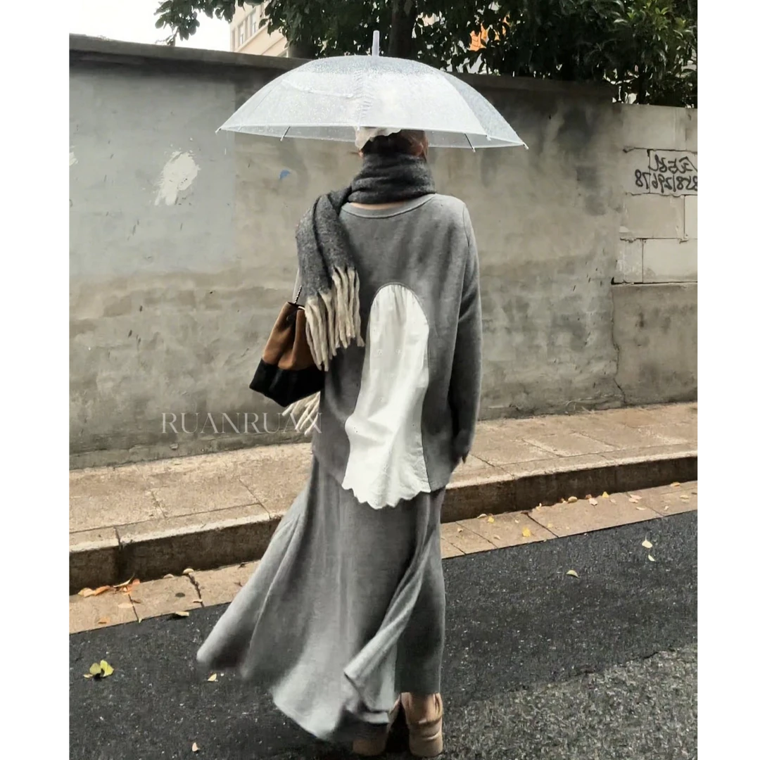 晶咕软软【浮光静雅】法式秋季设计感后背拼接蕾丝上衣+半裙