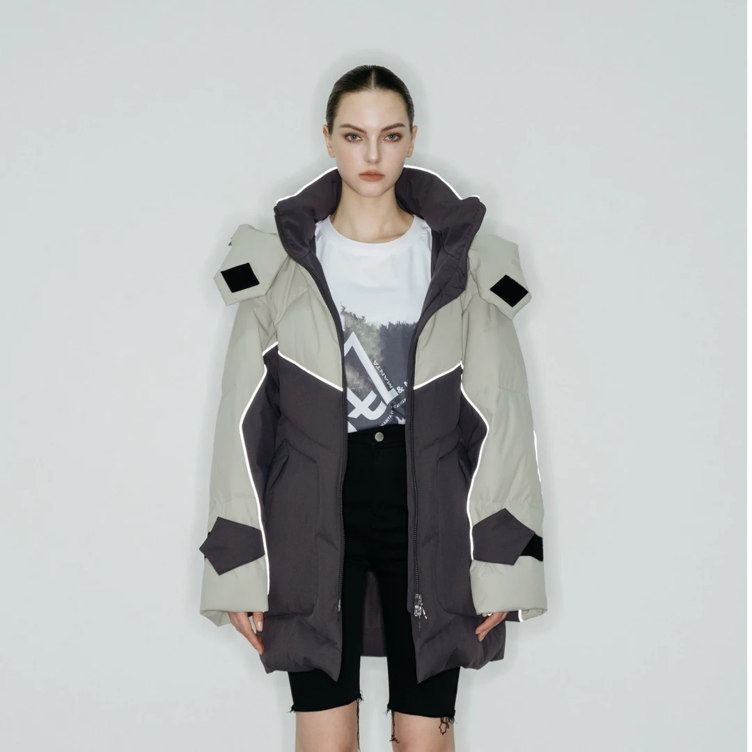 Auuuu/EOEZ时尚连帽中长款保暖拼接冬季鹅绒服 EZY3103