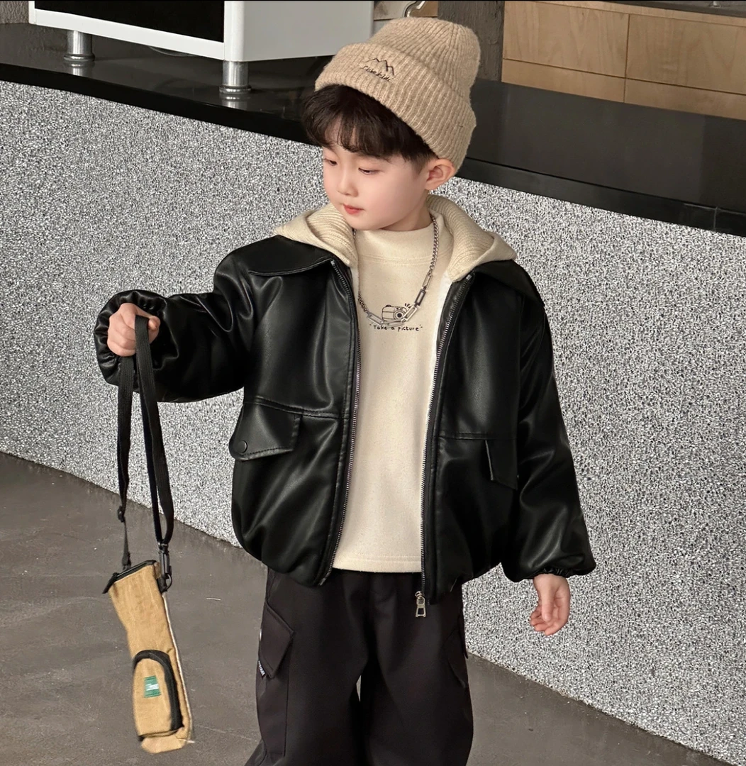 男童冬装加绒加厚皮衣外套2025新款儿童冬季保暖棉服男宝宝皮夹克