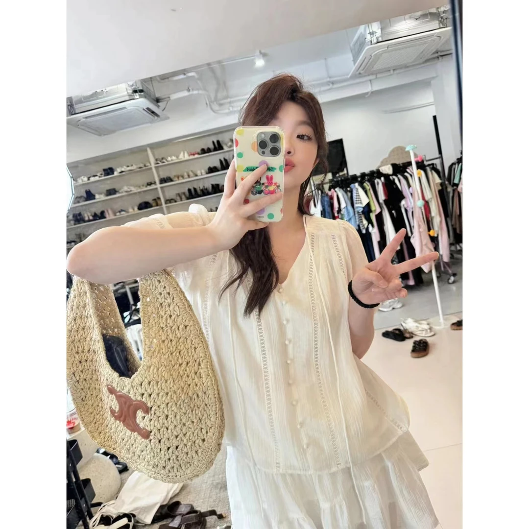 晶咕【冷萃茉莉-衬衫】法式V领慵懒系带短袖本布扣衬衫上衣