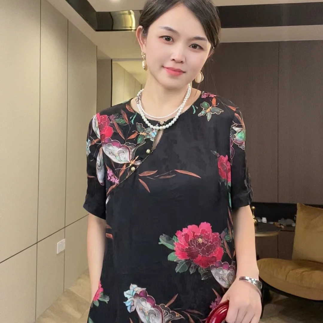 162黑色斜襟花朵印花国风休闲连衣裙M103