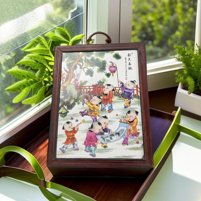 景德镇瓷板画欢天喜地手工粉彩陶瓷实木边框37*29cm瓷器直播挂画