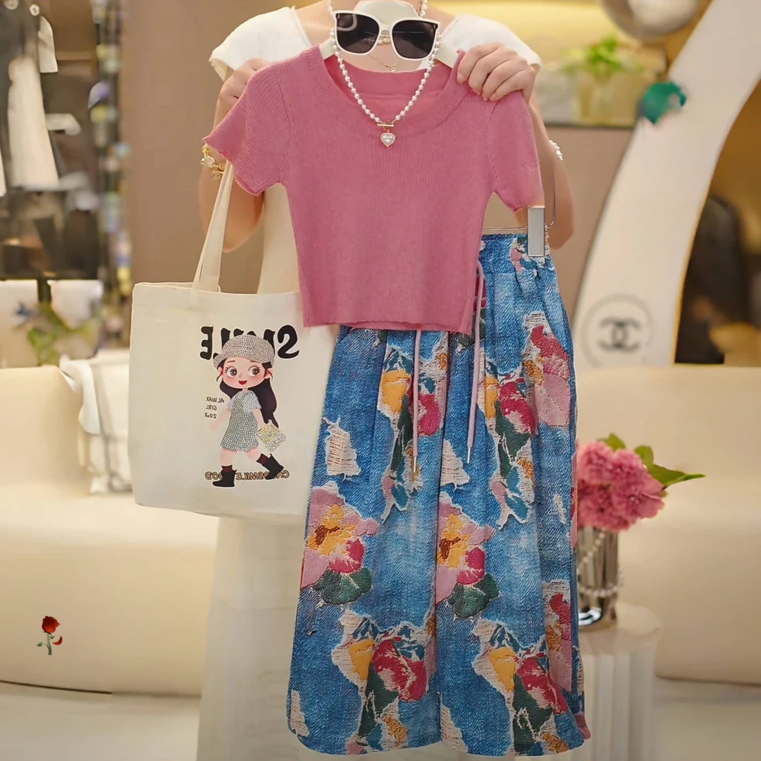 女童套装2025夏季新款儿童纯色短袖油画风防蚊阔腿裤中大童两件套