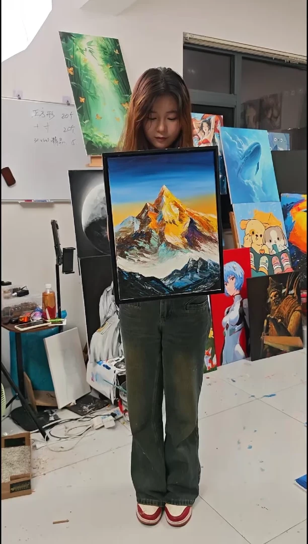 丙烯画日照金山装饰画x加框