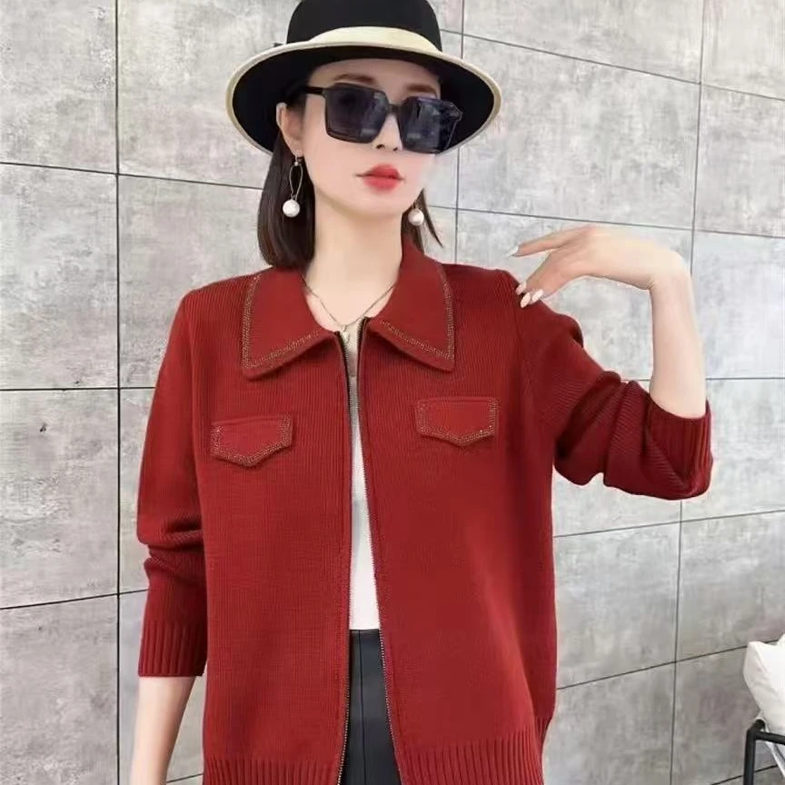 冬季中老年妈妈装翻领拉链针织开衫616