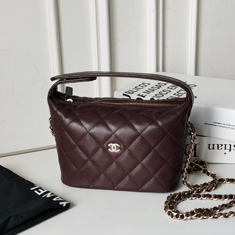 95新 Chanel/香奈儿 25A酒红色荔枝皮金扣饭盒斜挎包 51655