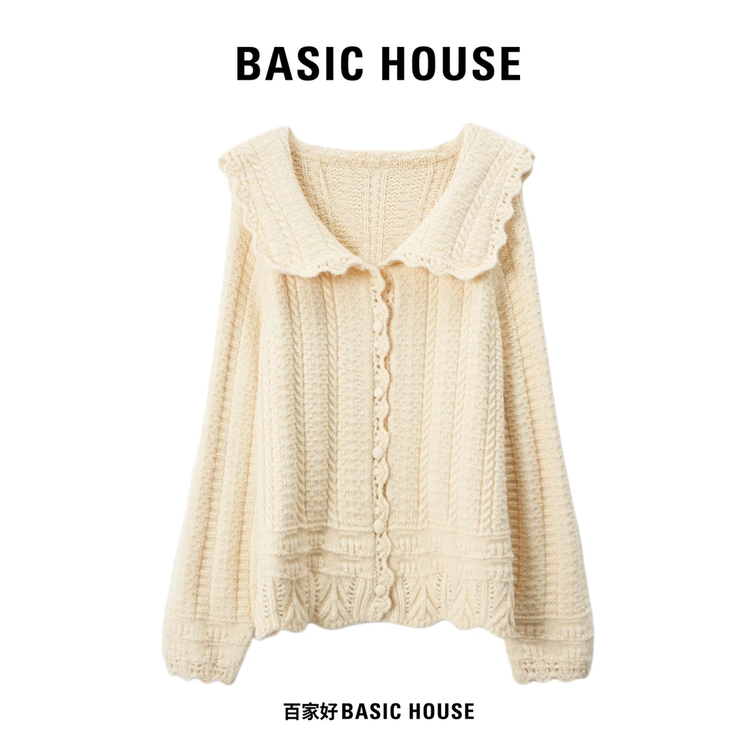 Basic House/百家好2025新款翻领单排扣设计感绞花针织衫T472 YY