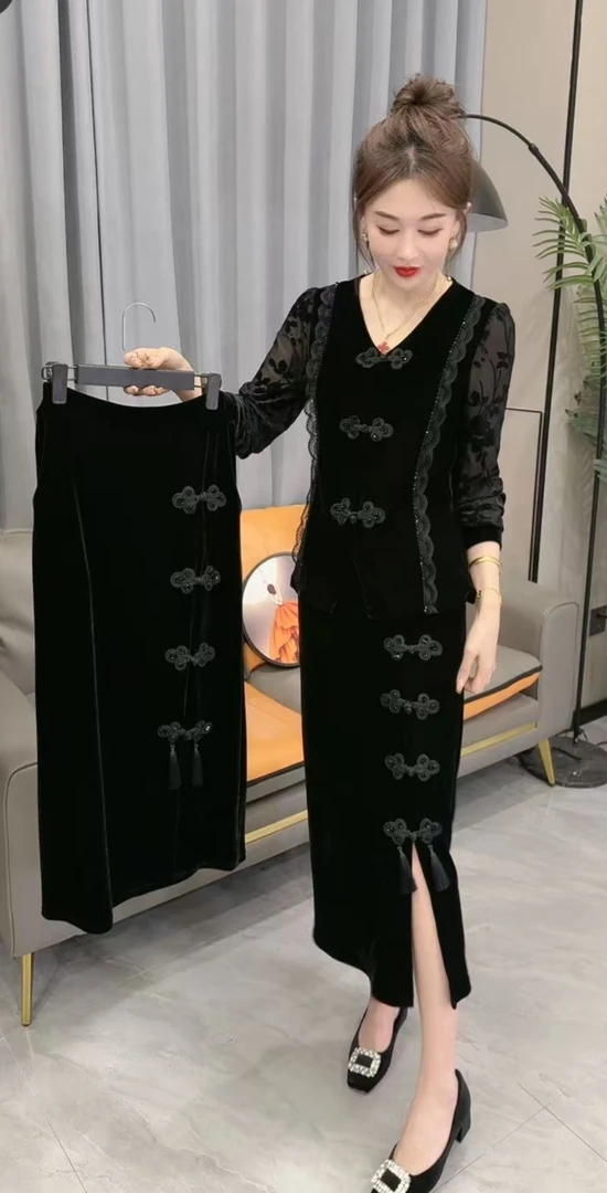 流苏盘扣复古开叉半身裙1316#