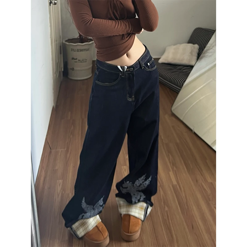 美式vibe复古水洗飞马黄格子拼接牛仔裤女高街宽松显瘦休闲直筒裤