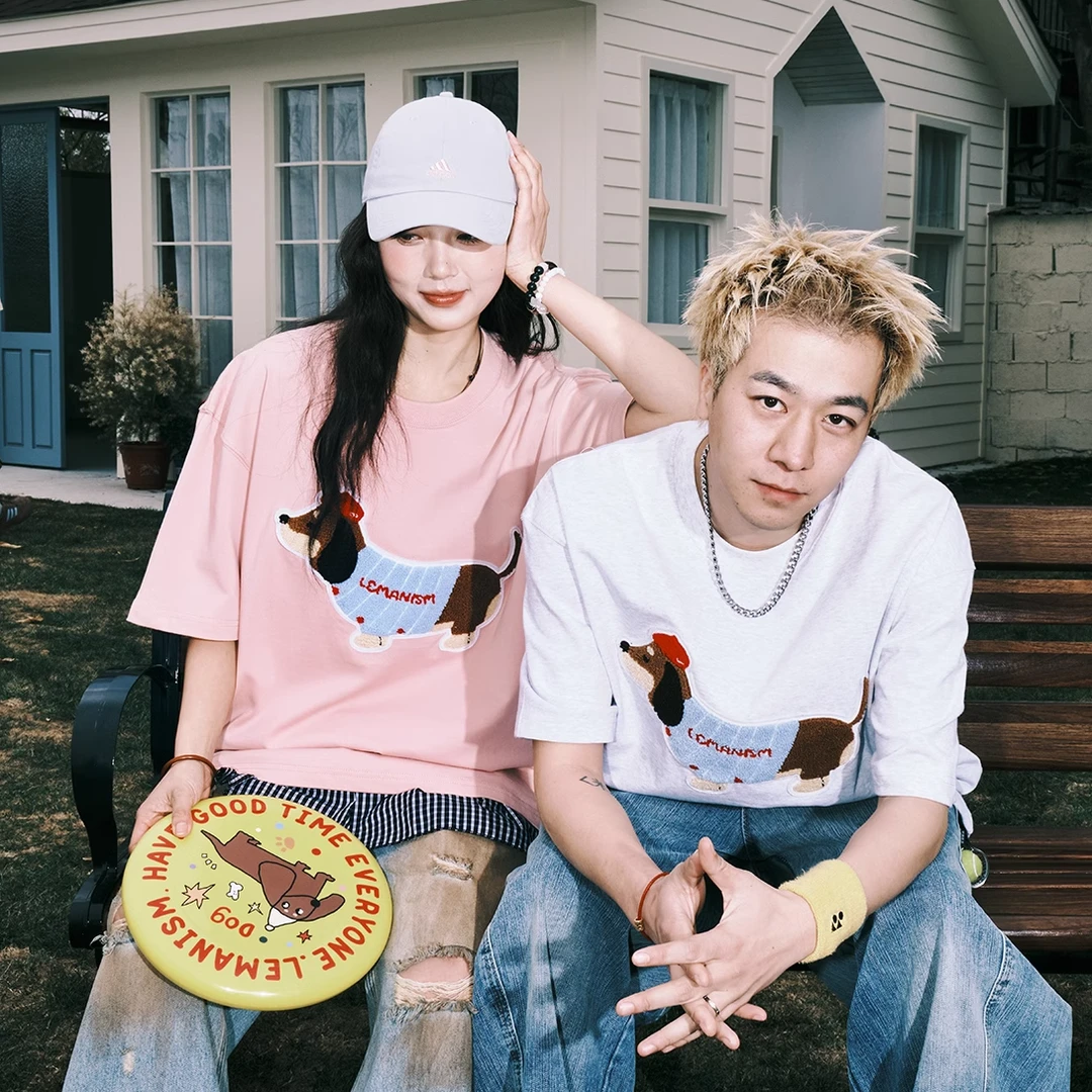 【明星同款】lemanism夏季新款300g重磅纯棉毛巾绣腊肠狗半袖T恤-DY