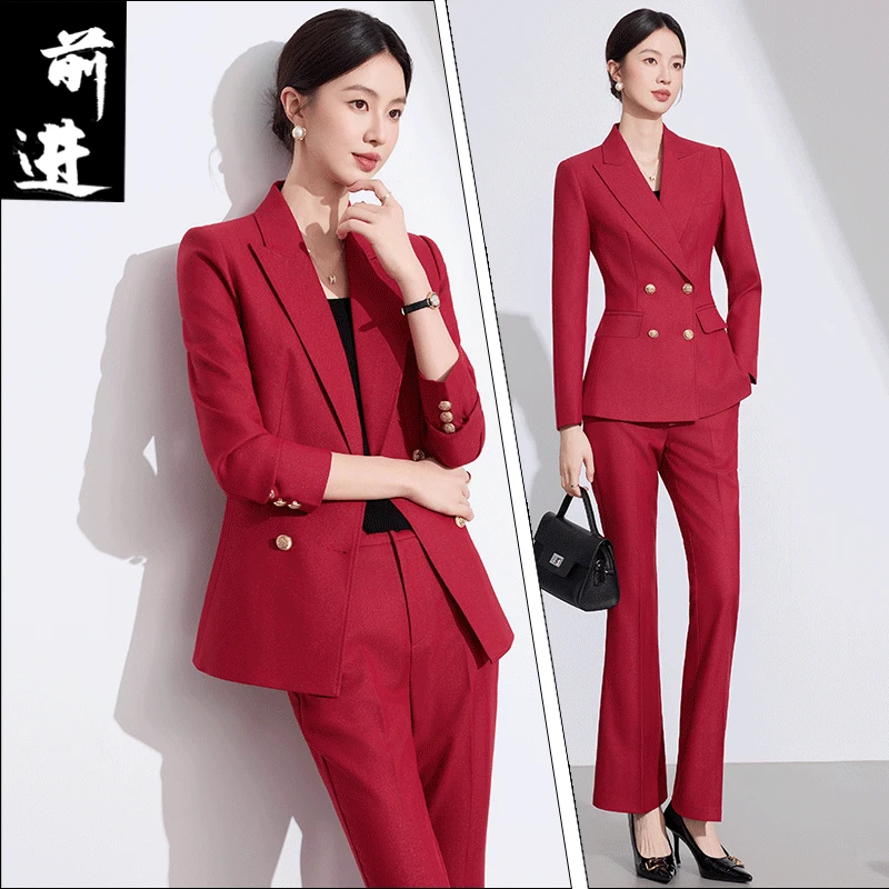 高端大气红色人字纹西装套装女气质女神范双开叉职业西服两件套
