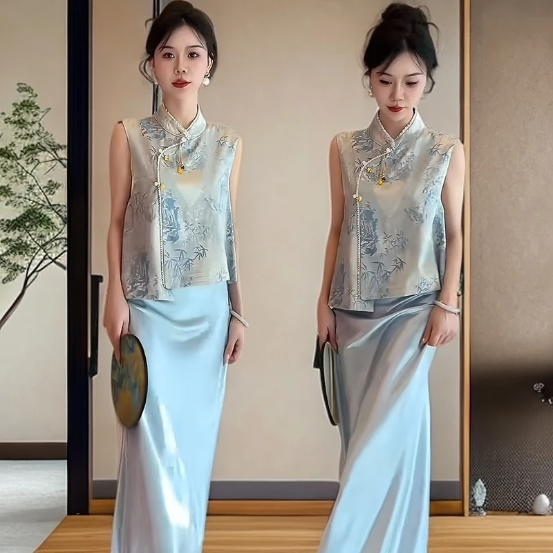 2025夏季新款复古立领马甲缎面半身裙两件套气质新中式国风套装女