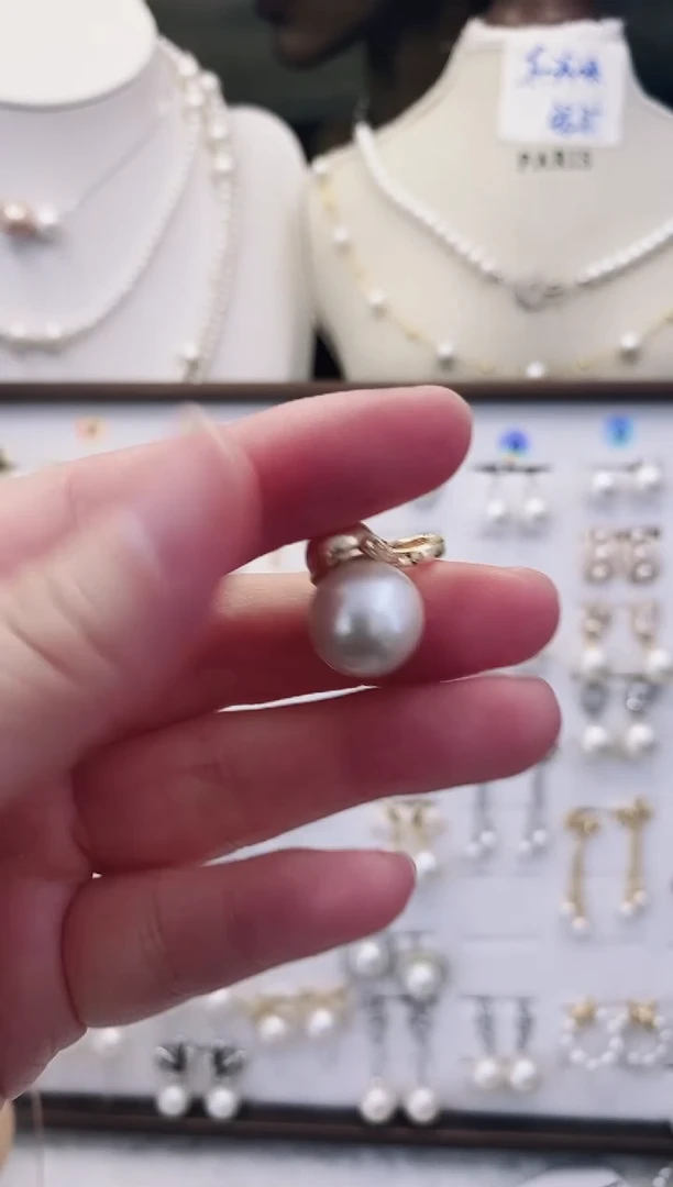 银S925镶嵌耳饰淡水珍珠16吊坠圆珠默认微瑕13mm