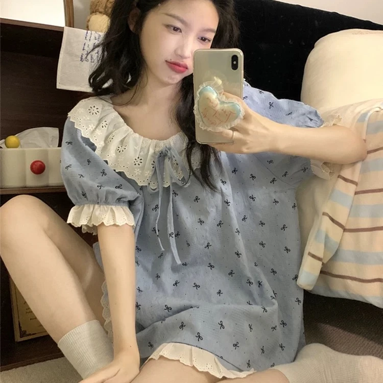 睡衣女款夏季2025甜美公主风蝴蝶结蕾丝边蓝色短袖家居服套装