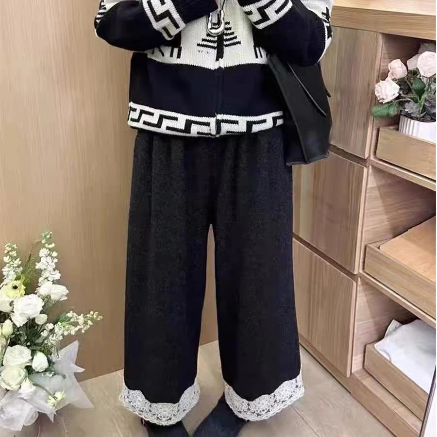 日系蕾丝拼接花边直筒裤女新款垂坠感宽松文艺百搭直筒阔腿裤