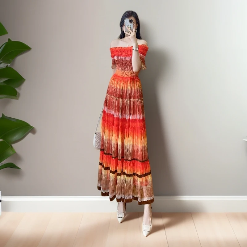 【彩虹仙子】度假风法式优雅荷叶边一字肩收腰显瘦印花长裙沙滩裙