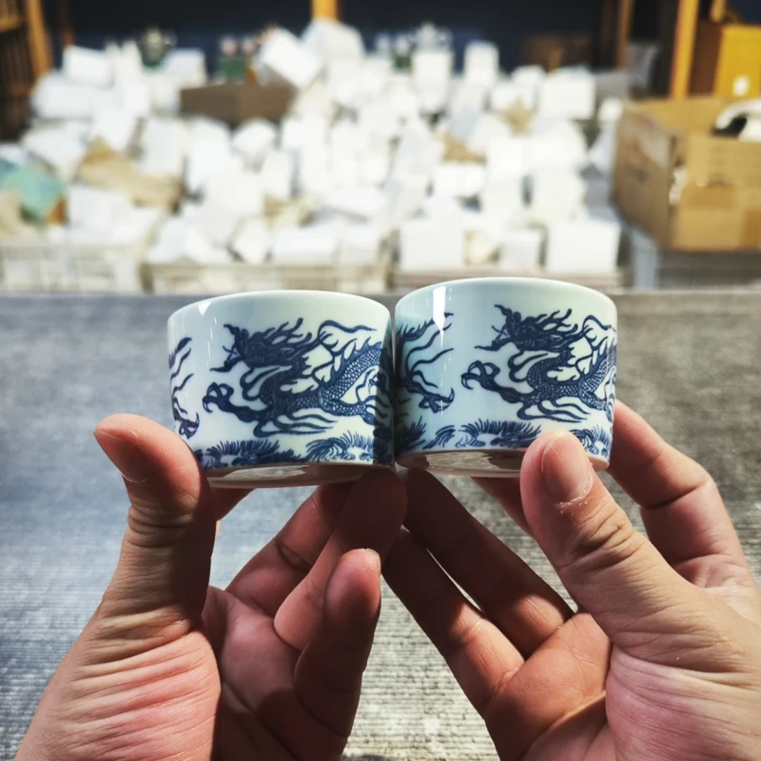 【沉鱼】ZHTJ0035-青花龙纹龙板指主人杯对杯中式白瓷高档陶瓷