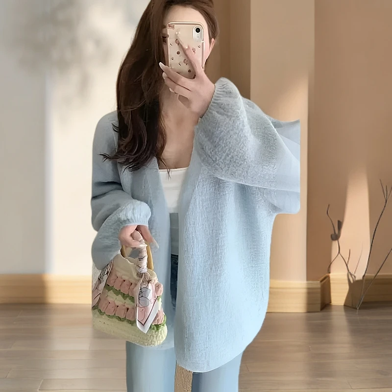 洋气女装中长款灯笼袖毛衣开衫外套女秋冬大码针织衫上衣罩衫外穿