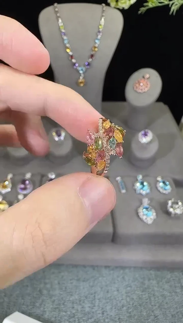 碧玺戒指银S925镶嵌3*5mm麦穗戒指多彩宝多样性发