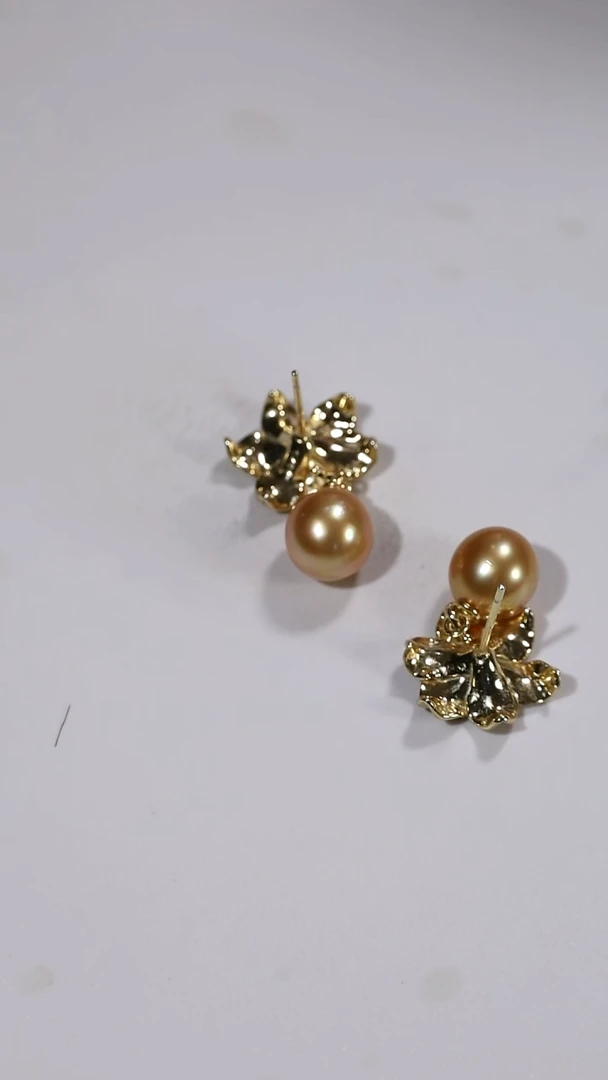 银S925镶嵌耳钉海水珍珠金珠花朵款式耳钉