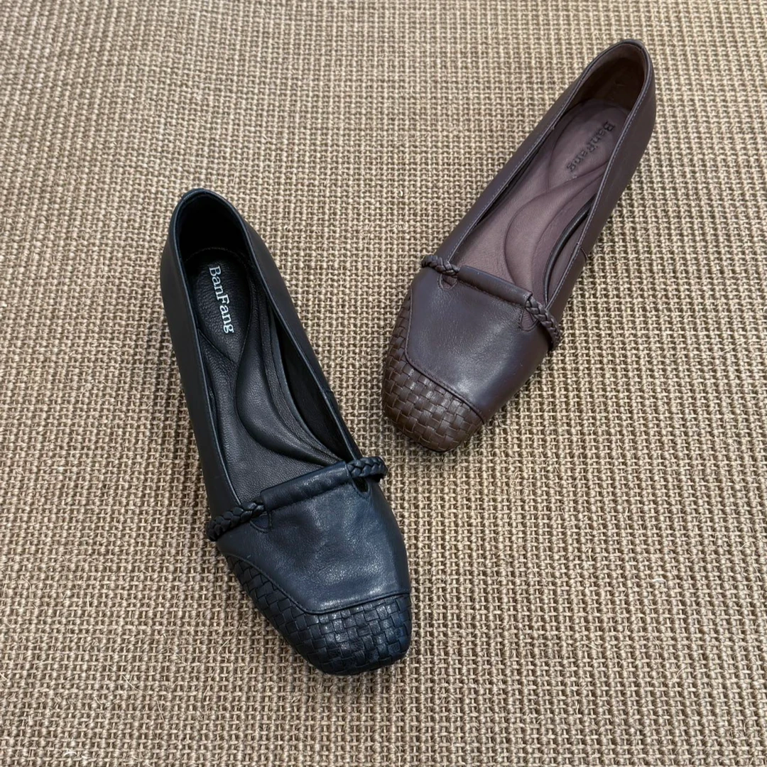 半坊手工女鞋|34-40|2.5CM|新款方头中跟单鞋软皮浅口欧若智性风