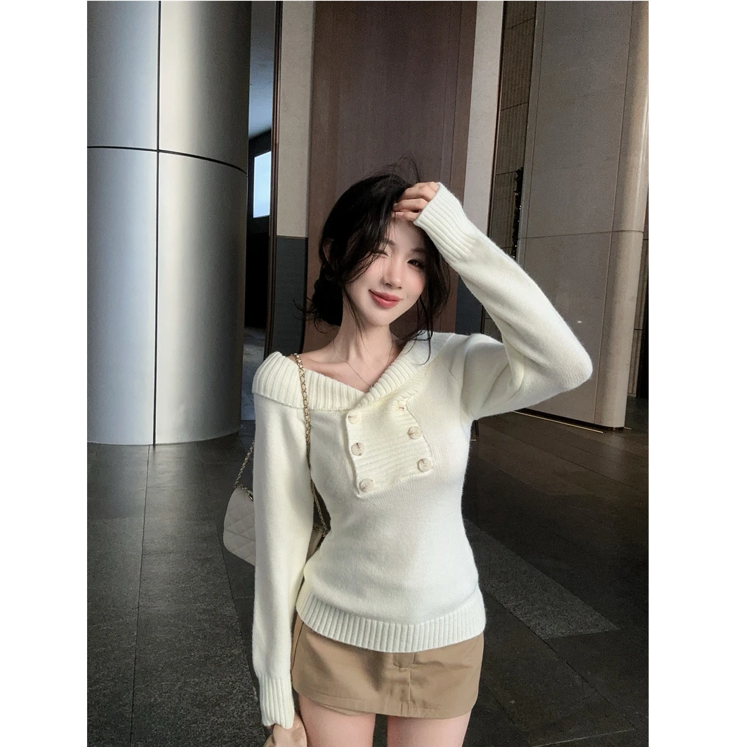 气质一字肩针织衫秋冬辣妹露肩毛衣上衣百搭半身裙