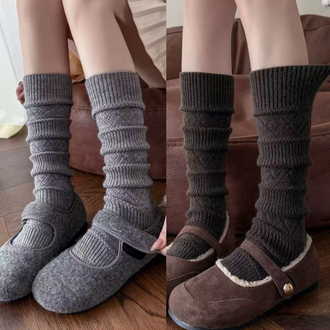 秋冬保暖双针织毛线小腿袜复古百搭ins堆堆袜长筒袜子女白色纯色