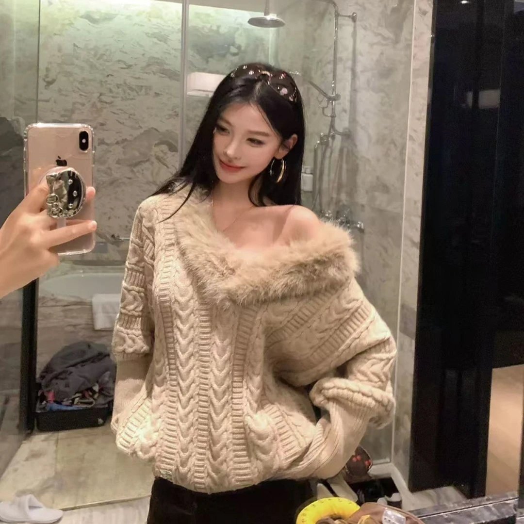 韩系慵懒风毛领百搭显瘦减龄保暖毛衣女秋冬新款小众百搭针织上衣