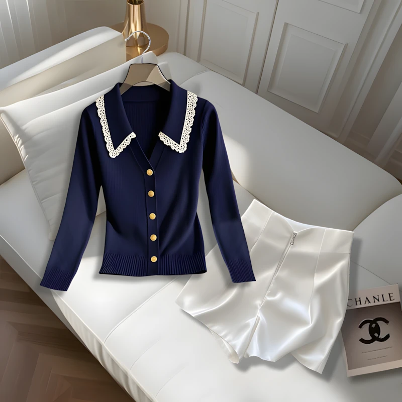 早秋穿搭衣服一套纯欲蓝色蕾丝花边针织衫长袖上衣小个子直筒短裤