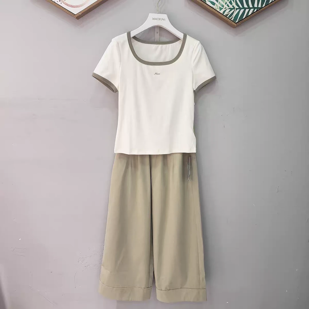 麦寻夏季新款TZKFS19A卡其色短T恤高腰九分裤两件套时尚简约百搭