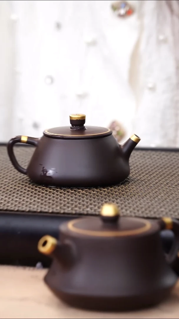 茶壶紫砂四号井茄皮紫泥描金平盖石瓢120cc