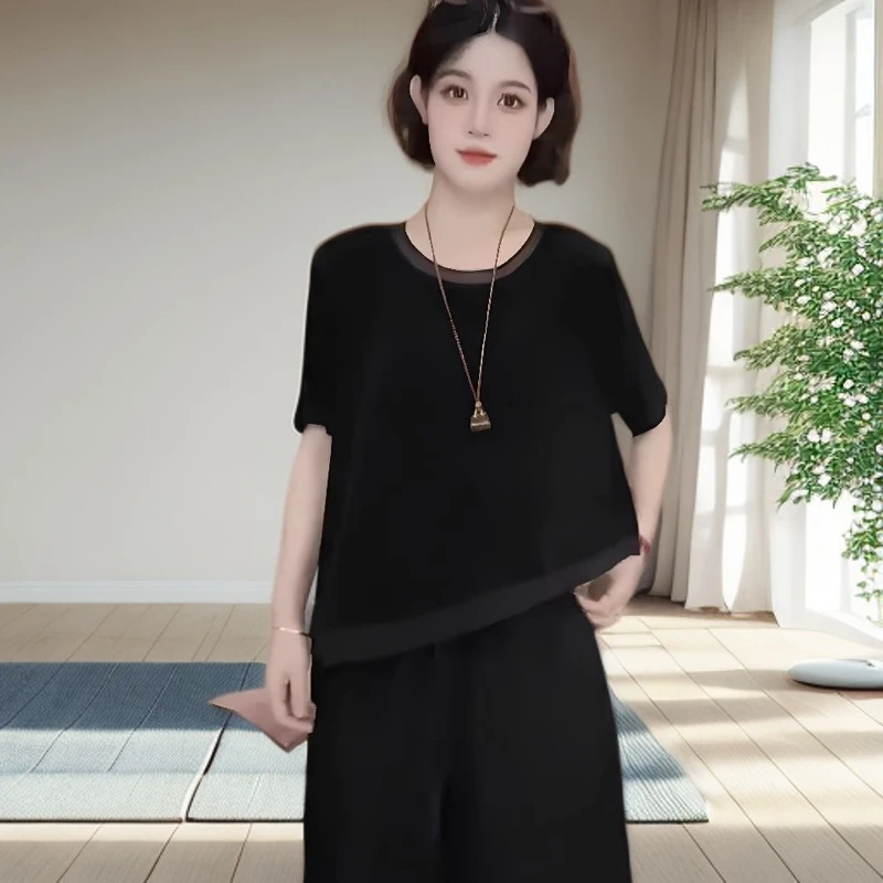 黑色冰感丝绒短袖T恤女宽松松紧腰垂感显瘦裤子夏季时尚一套