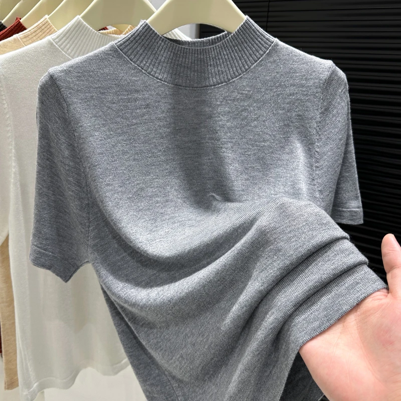 早秋新款半高领中袖t恤女高级灰色内搭五分袖针织打底衫正肩上衣