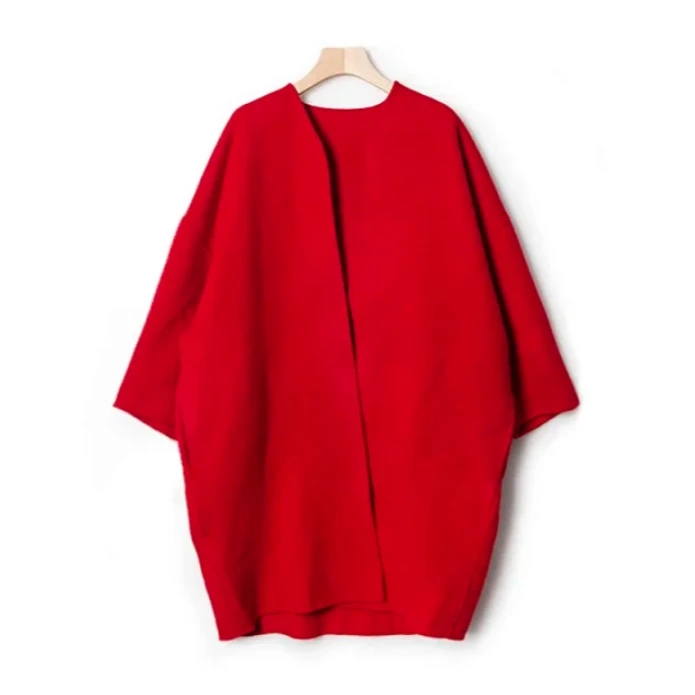 【暖秋专属】大红双面毛呢无领茧型中长款大衣外套DY2415