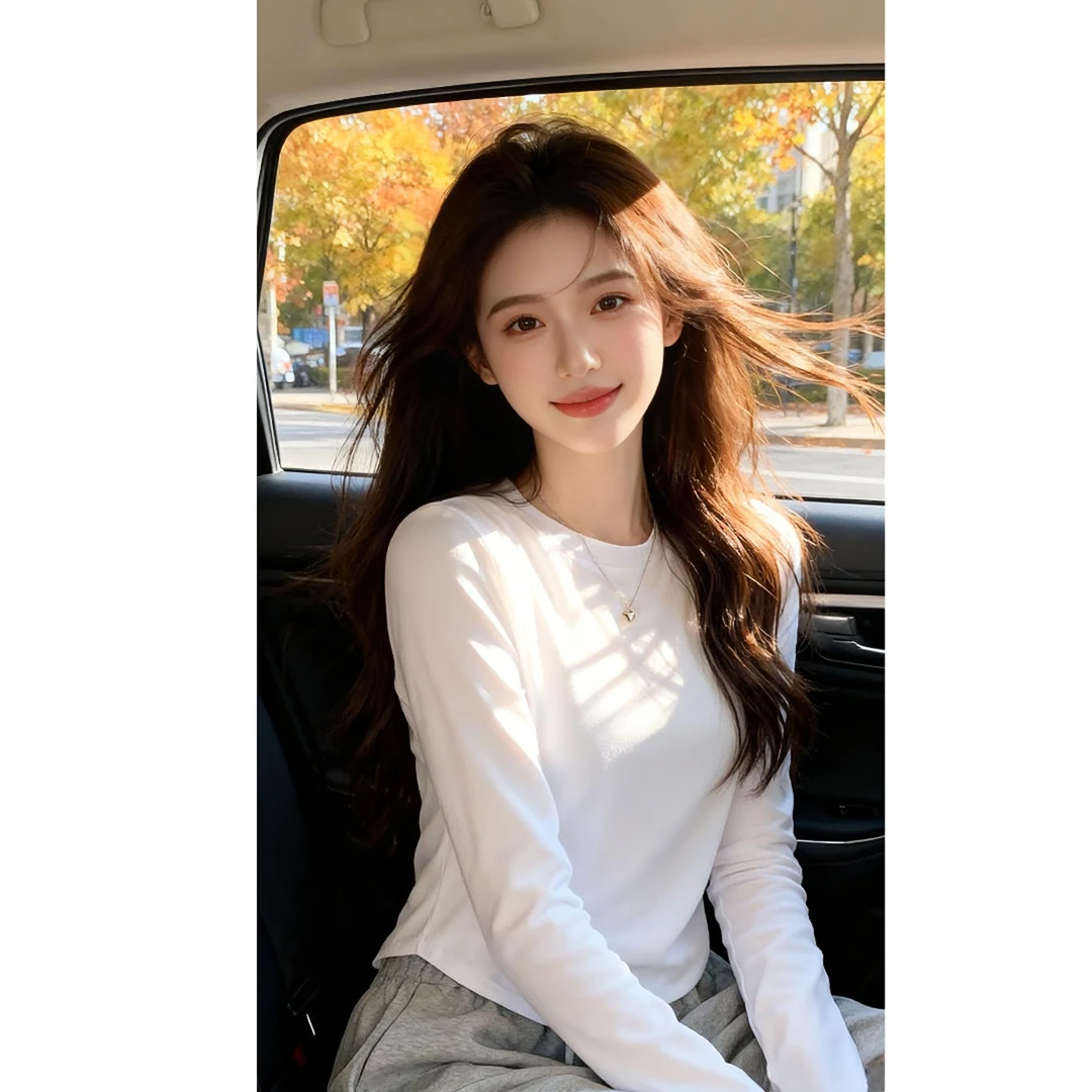 纯棉正肩白色长袖t恤女加绒春秋冬休闲短款内搭显瘦保暖打底上衣