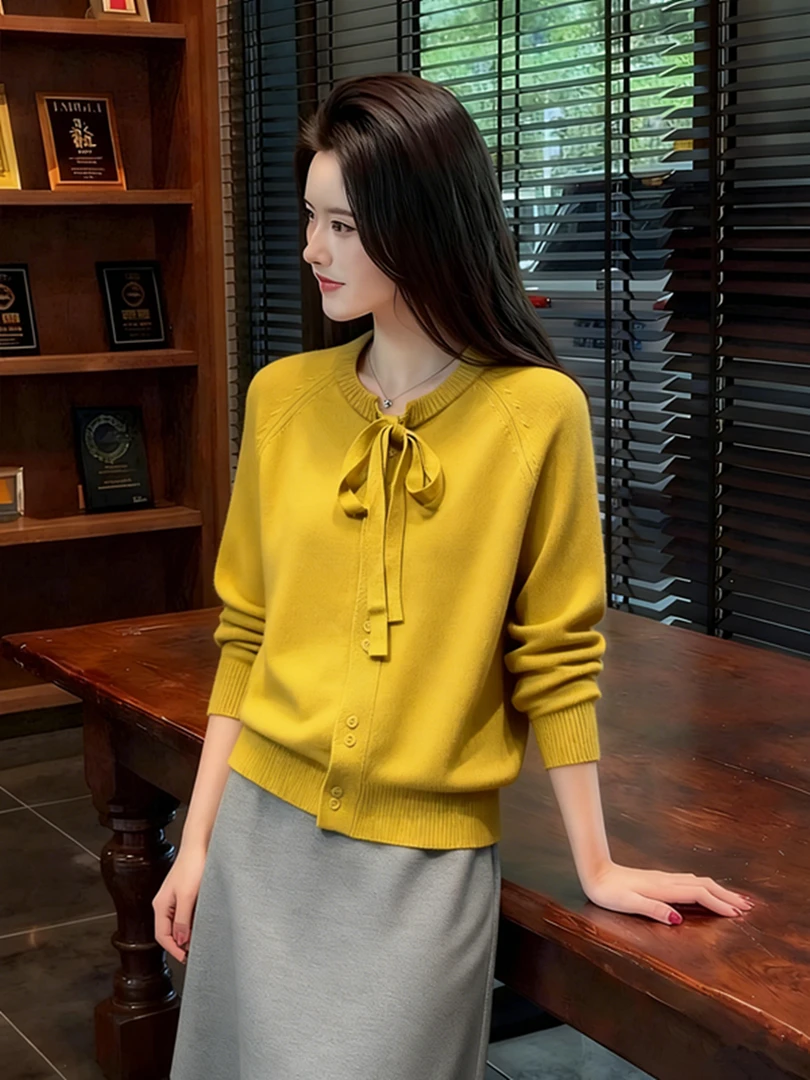 黄色圆领长袖针织开衫2025秋冬新款时尚绑带显白优雅洋气大码毛衣